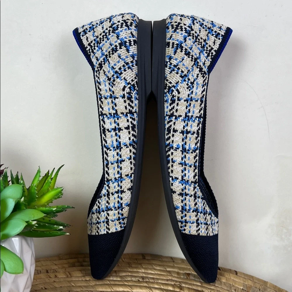 Rothy's Pointed Flat Knit Plaid Navy Cream Preppy 6 - Picture 5 of 9